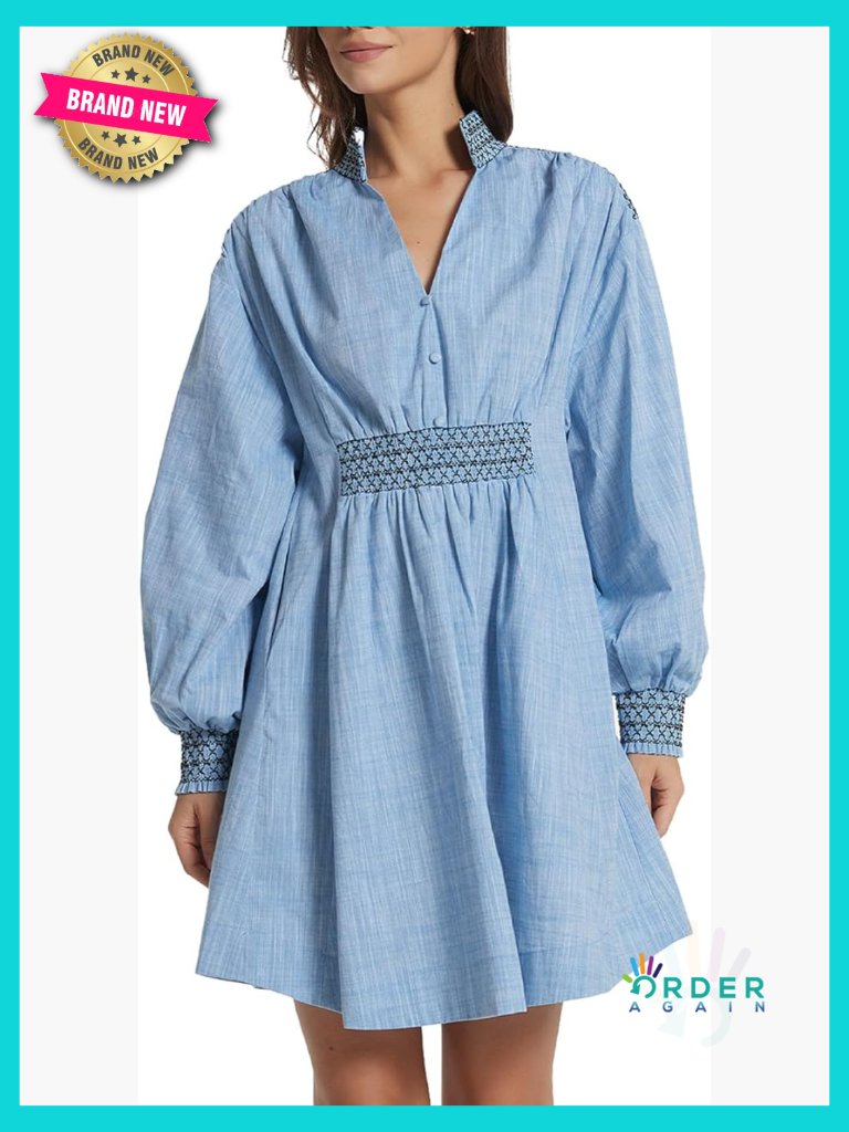Oversized Embroidered Mini Dress V-Neck Long Sleeve Loose Fit Summer Casual